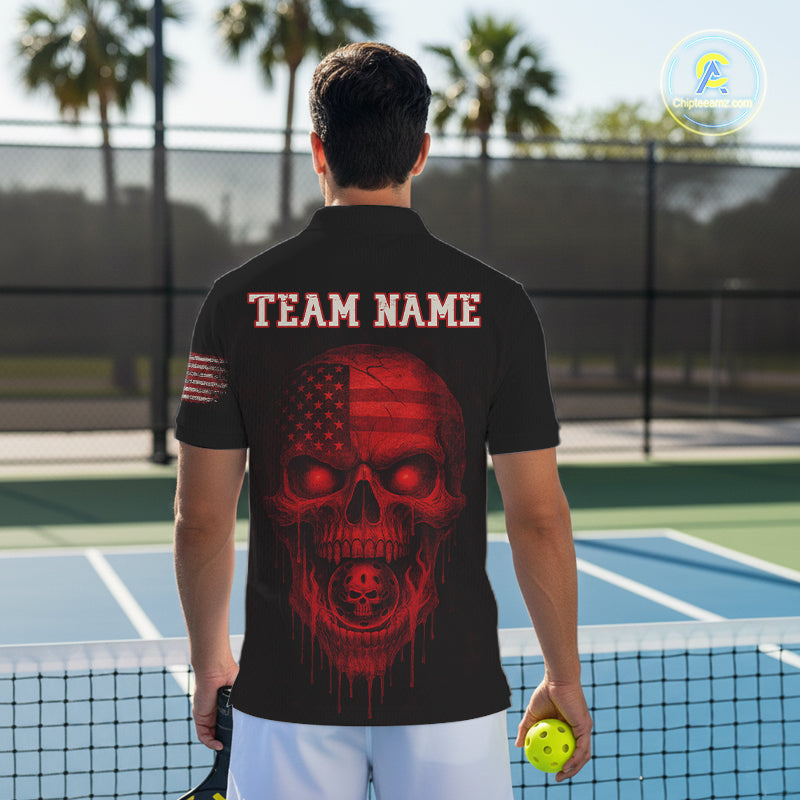 Custom Red Grunge Skull Pickleball Ball League Jerseys For Men US Flag Pickleball Shirts NYN2150