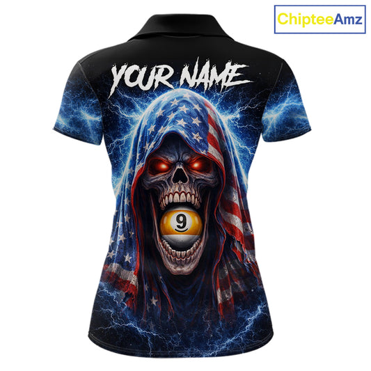 US Flag Thunder Grim Reaper 8 Ball 9 Ball Pool Women Billiard Shirt Custom Patriotic Billiard Apparel NYN2636