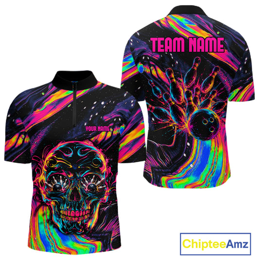 Custom Skull Holographic Bowling Shirt Bowling Team League Colorful Splatter Bowling Shirt For Men NYN3194
