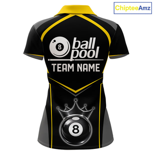 Black 8 Ball Crown Pool Women Polo & 1/4-Zip Team Shirts Custom Billiards Ball & Cue Attire|Yellow NYN2459