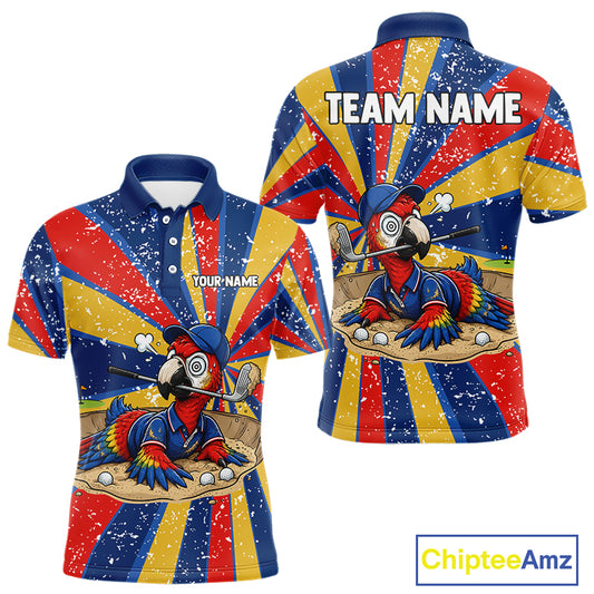 Men's golf polo mockup with colorful tropical parrot artwork, personalized performance golf shirt for golf tournaments, golf teams and country club events. Appeals to nature lovers, exotic bird fans and tropical lifestyle followers.