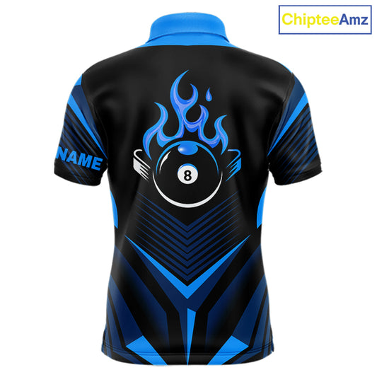 Blue Flaming 8 Ball Pool Polo & 1/4-Zip Team Shirt For Men Custom Billiards Ball Apparel NYN2465