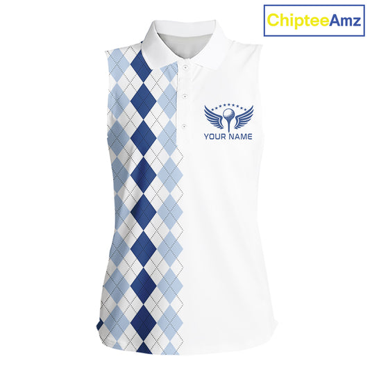 Womens Blue Argyle Golf Shirts Argyle Golf Clothing Custom Blue Golf Sleeveless Polo, Best Golf Gifts NYN3051