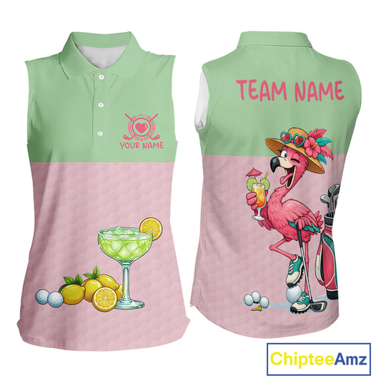 Tropical Flamingo Sleeveless Polo Golf Shirts For Women Custom Pink & Green Golf Team Attire For Golfers NYN3062
