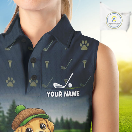 Woman wearing patriotic Golden Retriever golf sleeveless polo shirt with American flag design