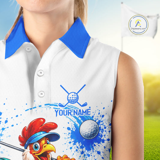 Woman wearing rooster golfer golf sleeveless polo shirt on golf course