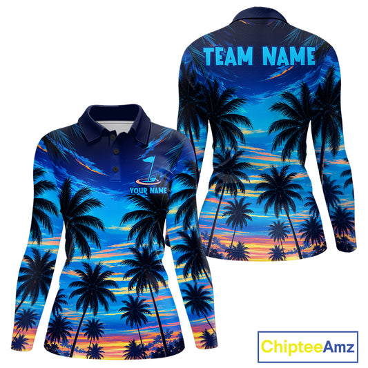 Women's sunset tropical palm tree golf polo shirt mockup personalized golf apparel