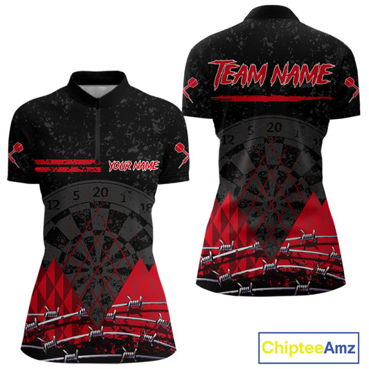 Barbed Wire & Grunge Dartboard Red Darts Shirt For Women - Custom Name For Players NYN0548