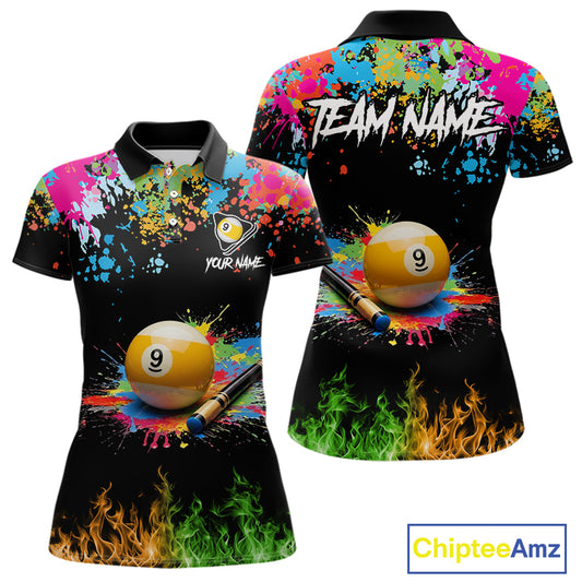 Colorful Paint & Flame 9 Ball Billiard Shirt For Women Personalized Cue Billiard Team Shirt NYN3089