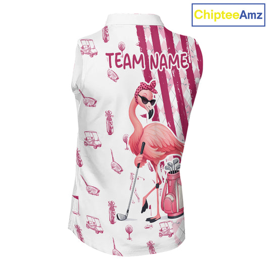 Custom Funny Flamingo Womens Golf Shirt Sleeveless Polo, Pink Paint Argyle Pattern Golf Team Outfits For Ladies NYN3095