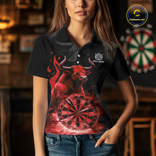 Red Funny Bull Fire Flame Dartboard Custom Women Darts Polo League Shirts Dart Jerseys NYN2244