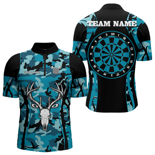 Custom Black And Turquoise Camo Deer Head Dart Shirts For Men Outfits Dart Jerseys NYN0037
