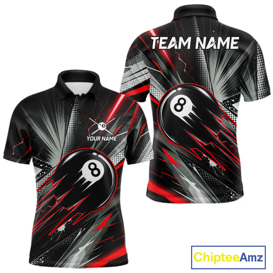 Thunder Red 8 Ball Strike Billiard Polo Shirt For Men, Custom Pool Team Jersey, Lightning Billiards Apparel