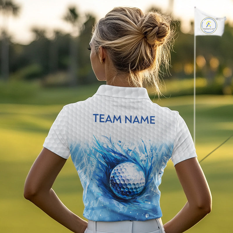 Custom Womens Golf Polo Shirts, Blue Splatter Golf Ball White Men Golf Polo Shirt, Best Golf Shirts NYN2961