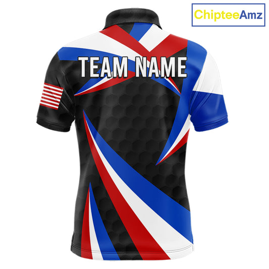 Men's black golf polo featuring golf ball pattern and patriotic American flag artwork, personalized performance golf apparel for men's golf tournaments, veterans, golf clubs and Father's Day gifts, symbolizing strength, unity and American pride.