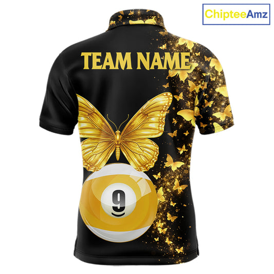Men's billiard polo featuring luxurious black gold butterflies with realistic 8 ball and 9 ball graphics, personalized premium pool apparel for stylish players, luxury sportswear fans and tournament competitors, symbolizing success and transformation.