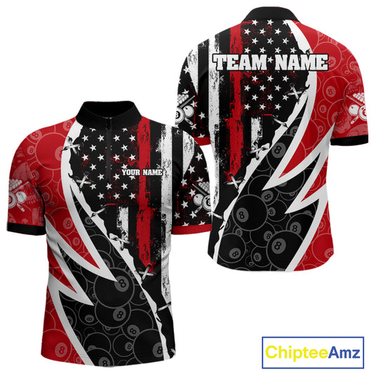 Black & Red US Flag 8 Ball Men Billiard Team Shirt Custom Polo & 1/4-Zip Pool Billiard Attire NYN2377