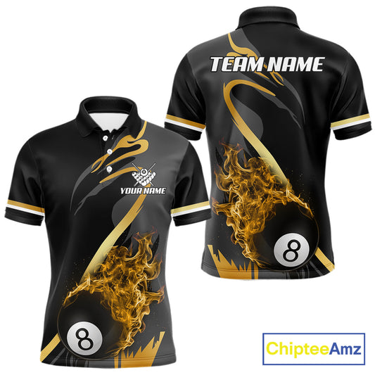 Yellow Black Fire Flame 8 Ball Pool Shirt For Men Personalized Billiard Team Apparel