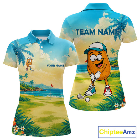 Women's funny potato golf polo shirt mockup tropical golf apparel