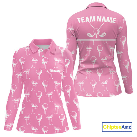 Personalized Flamingo Pink Pattern Womens Golf Polo Shirts Custom Funny Flamingo Golf Gifts NYN2845
