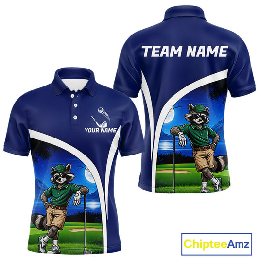 Blue polo shirt with raccoon character and customizable text on a white background