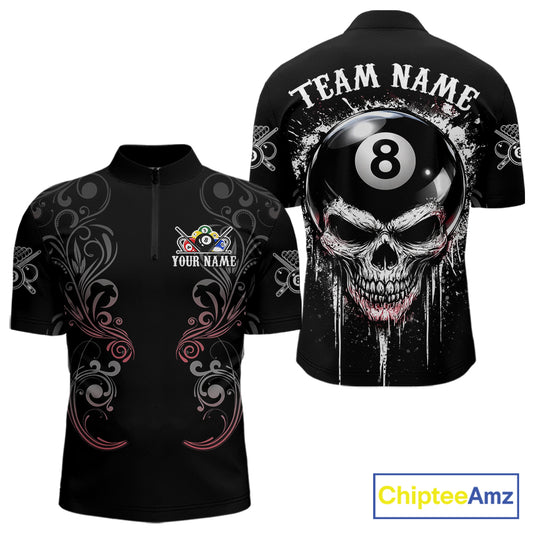 Grey Grunge Skull Billiard Shirts For Men Custom Pool 8 Ball Billiard League Jerseys NYN2291