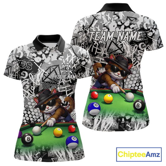 Custom Funny Pooler Cat 8 Ball Pool Billiard Shirt For Women Polo & 1/4 Zip, Billiard Team Jerseys NYN3160