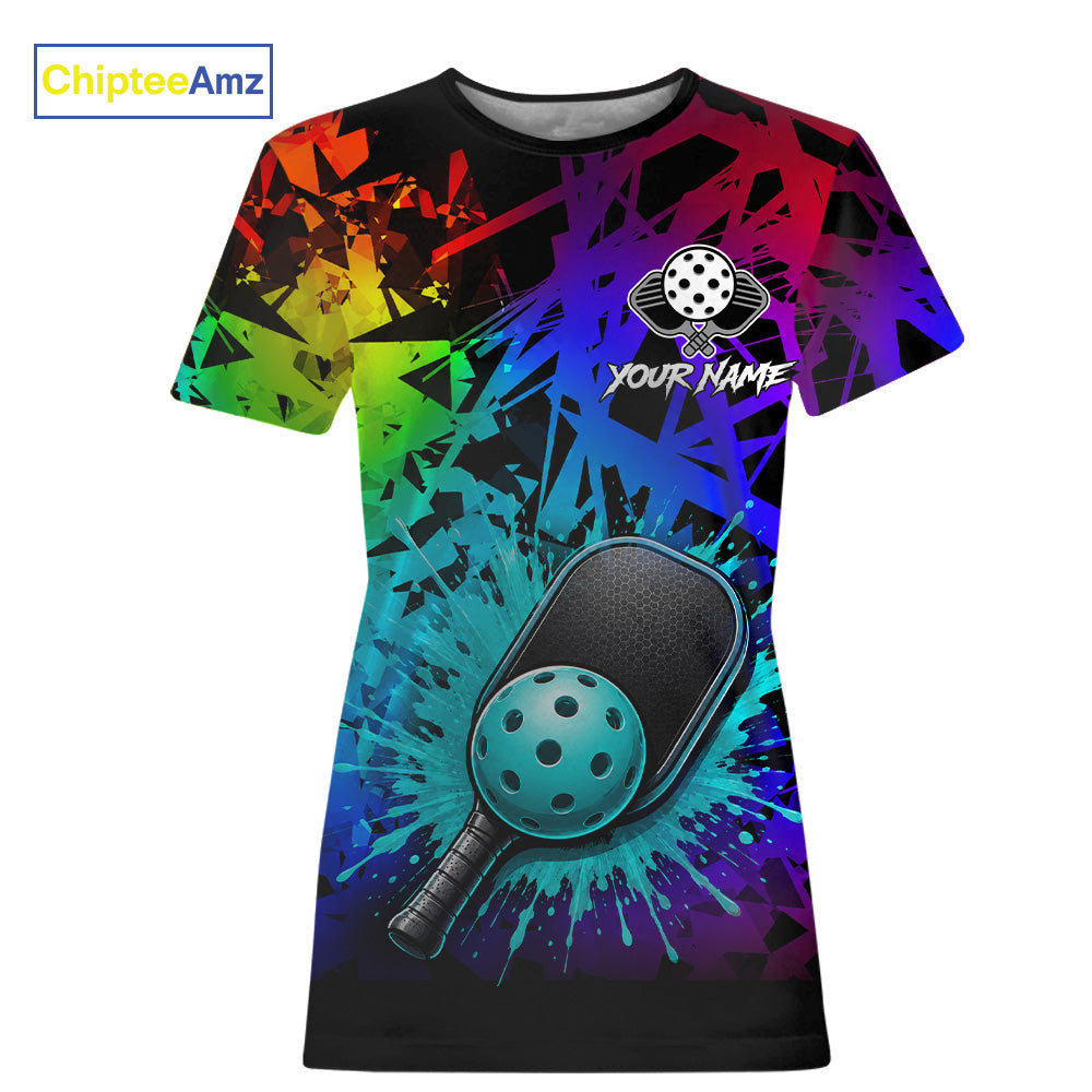 Teal splatter pickleball ball and paddles tshirt for women colorful pickleball clothing