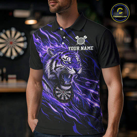 Purple Flaming Tiger Funny Darts Custom Men's Dart Polo Shirts Team Dart League Jerseys NYN2077
