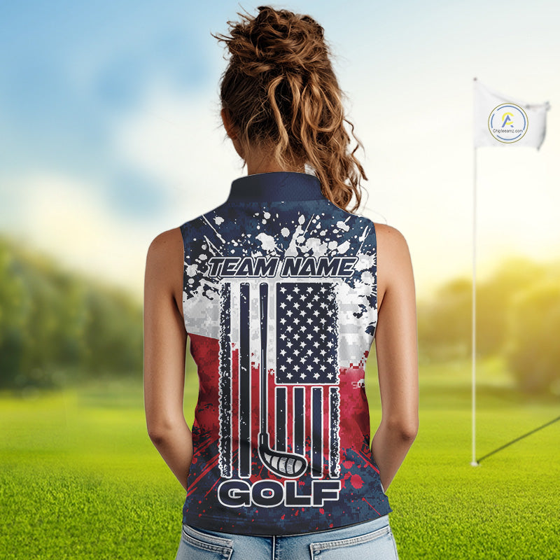 American Flag Anniversary Women Golf Sleeveless Polo Shirt Custom Splatter Patriotic Golf Tops NYN3385