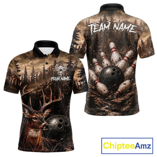 Funny deer grunge forest bowling polo shirt for men brown bowling jersey mockup