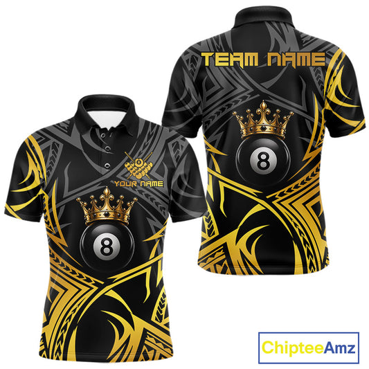 Gold Tribal Crown men's 8 Ball billiard polo featuring royal crown graphics, tribal artwork, personalized cue sports jersey, custom APA pool tournament apparel, championship athletic performance clothing
