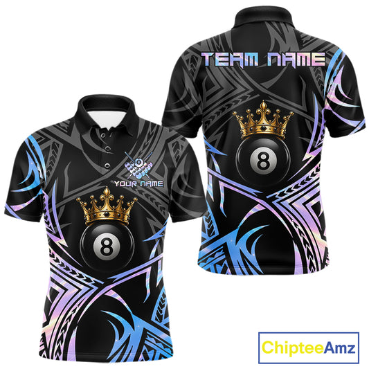 Holographic Tribal Crown men's 8 Ball billiard polo featuring holographic tribal artwork, personalized cue sports tournament jersey, championship pool league apparel, custom athletic performance shirt