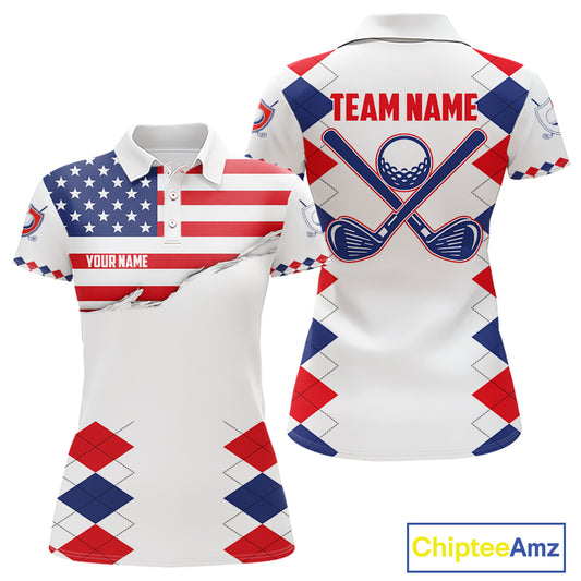 Womens US Flag Golf Shirts Patriotic Golf Jersey Custom Red And Blue Golf Polo Clothes, Golf Gifts NYN3054