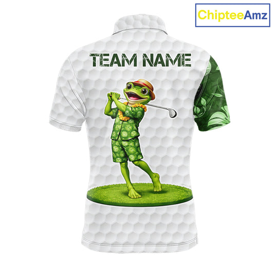 Funny Frog Golf Polo Shirt Custom Green Monstera Pattern White Golf Attire For Men NYN2842