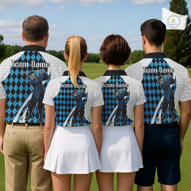 Golfer Skeleton Golf Polo Shirts For Men Custom Blue Argyle Pattern Team Name Golf Clothes NYN3253