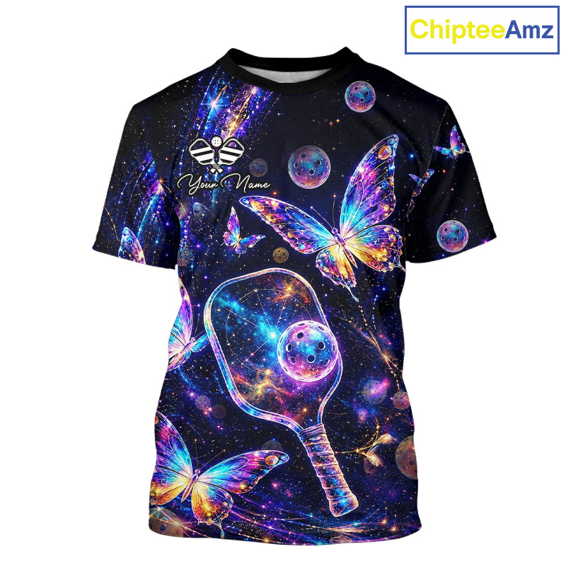 Custom Butterfly Rainbow Holographic Pickleball T-Shirt For Men Pickleball Paddle League Shirts NYN3864