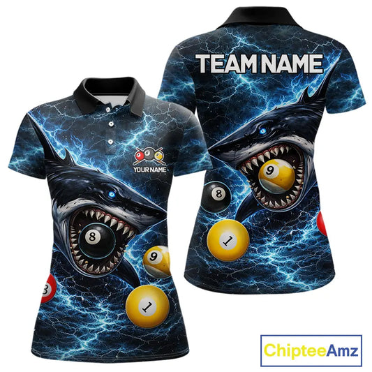 Thunder Blue Funny Shark Play Pool 8 Ball Women's Billiard Shirt Custom Billiard Team League Attire NYN2558