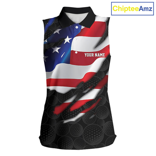 Womens US Flag Golf Polo Shirts Custom Black Golf Ball Pattern American Skull Golf Team Outfits NYN3327