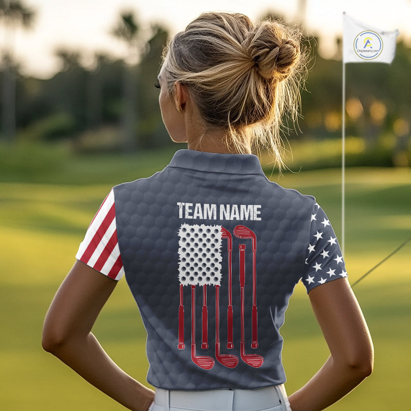 Female golfer wearing custom patriotic golf polo with grey golf ball pattern, perfect for ladies golf league, Memorial Day tournaments, Independence Day golf outings, symbolizing freedom, confidence and teamwork.