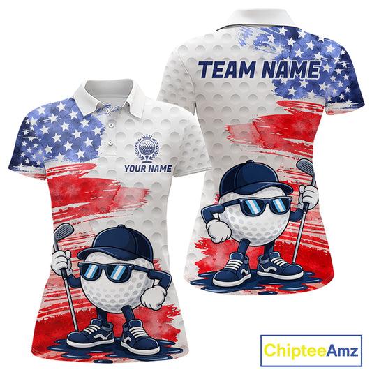 Women's golf polo with splash painting golf ball graphics and American flag accents, custom performance golf shirt for golf clubs, leagues and patriotic sporting events with artistic expression