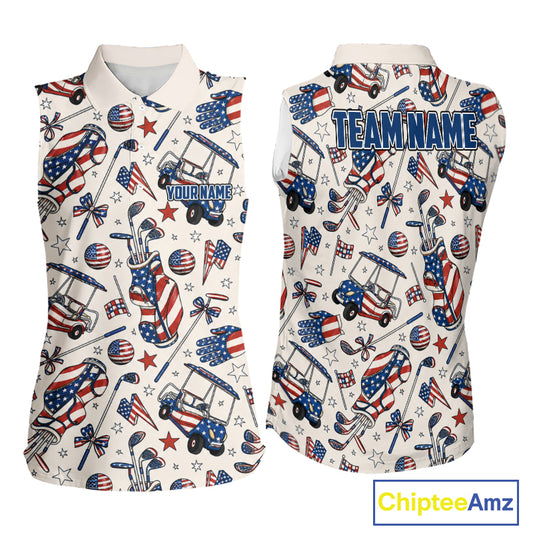 Women's sleeveless golf polo featuring pink golf clubs with patriotic American flag artwork, personalized Fourth of July golf apparel representing liberty, celebration and USA pride.