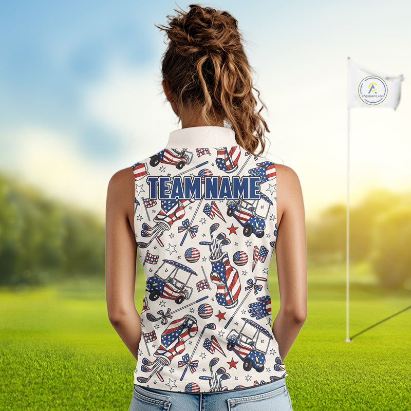 Female golfer wearing personalized patriotic golf polo for Fourth of July golf outing, ladies golf league and USA golf competitions.