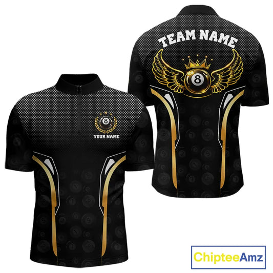 Black & Gold 8 Ball Crown Men's Billiard Polo & 1/4 Zip Shirt Custom Pool Billiard Jerseys NYN2346
