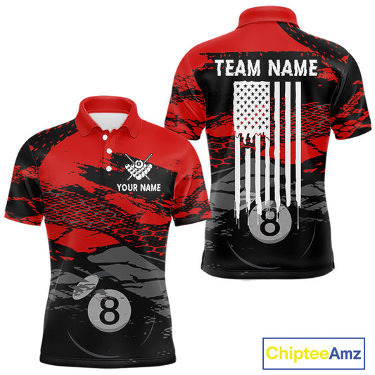 Grunge Black & Red 8 Ball men's billiard polo with vintage USA flag graphics, personalized pool league jersey, custom tournament apparel, patriotic cue sports performance uniform