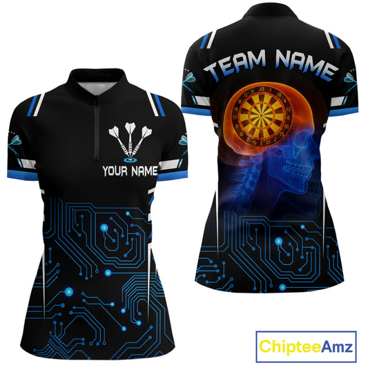 Futuristic Darts Team Shirt For Women - Skull Head & Neuro Tech Style | Custom Name NYN0482