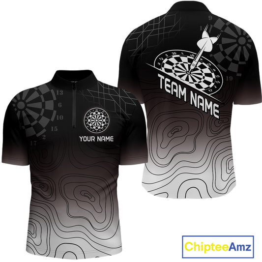 Men's Custom Dart Shirt, Darts Hitting The Bullseye With Black-To-White Gradient NYN0249