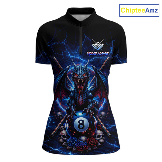 Custom Dragon Roses 8 Ball Billiard Pool Shirt For Women Thunder Blue Red Skull Team Billiard Jersey NYN3068