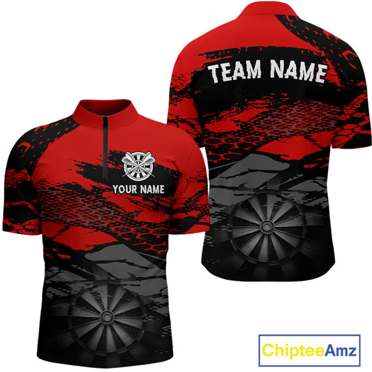 Personalized Dart Shirt For Men Red Grunge Texture & Black Dartboard, Darts Jersey NYN0280