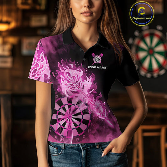 Custom Smoke Pink Fire Flaming Dart Arrow Women Darts Polo League Shirts Dart Team Jerseys NYN2213
